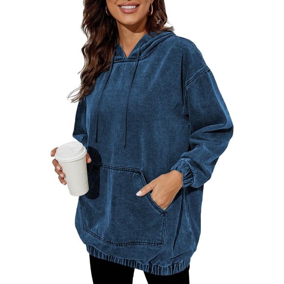Sweaters - Women's Denim Hoodie Long Sleeve Pullover Sweatshirt with Pockets Casual